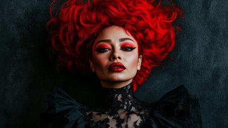 This captivating portrait showcases a model with striking red hair and bold makeup. The dramatic styling and intense expression create a unique visual impact.の素材