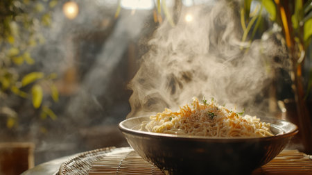 A steaming bowl of noodles topped with fresh herbs sits in a cozy restaurant. The warm steam rises, creating an inviting atmosphere perfect for a delicious dining experience.の素材