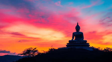 A serene silhouette of a Buddha statue against a vibrant sunset sky showcases tranquility and beauty in nature. Perfect for spirituality and calmness themes.の素材