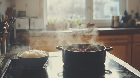 A cozy kitchen scene featuring a steaming pot on a stove beside a bowl of fluffy rice. The warm atmosphere invites culinary creativity and comfort.の素材