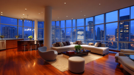 Elegant modern apartment interior featuring panoramic city skyline views at night. Soft lighting and refined furnishings create a serene and stylish atmosphere.の素材
