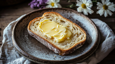 A slice of fresh bread topped with creamy butter rests on a rustic plate, surrounded by delicate flowers, evoking a cozy and inviting breakfast scene.の素材