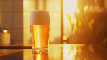A close-up of a frothy glass of golden beer, illuminated by warm sunset light. This image captures a refreshing moment perfect for summer gatherings.の素材