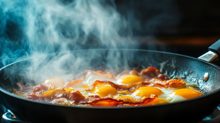 A mouth-watering breakfast scene featuring eggs and crispy bacon sizzling in a frying pan, surrounded by steam. Perfect for culinary enthusiasts.の素材