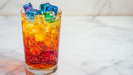 A refreshing and vibrant drink served in a glass filled with colorful ice cubes. This fizzy beverage creates a joyful moment perfect for summer gatherings.の素材