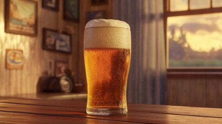 A captivating glass of beer with a frothy head stands on a wooden table, illuminated by warm light, evoking a cozy and inviting atmosphere perfect for relaxation.の素材
