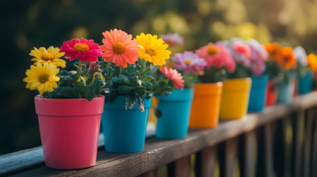 A charming display of colorful flower pots arranged along a wooden railing, illuminated by soft morning sunlight. Perfect for capturing the essence of nature's beauty.の素材