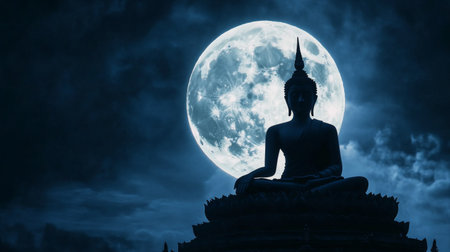A stunning silhouette of a Buddha statue set against a luminous full moon, creating a serene and atmospheric scene that evokes feelings of peace and meditation.の素材