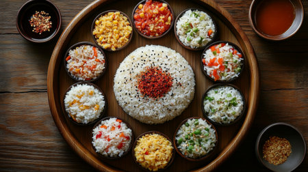 A stunning display of rice varieties arranged in bowls on a wooden platter. This vibrant presentation illustrates culinary creativity and freshness.の素材