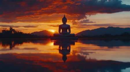 A serene Buddha statue sits peacefully at sunset, reflected in calm water. The tranquil scene captures the essence of meditation and spirituality in nature.の素材
