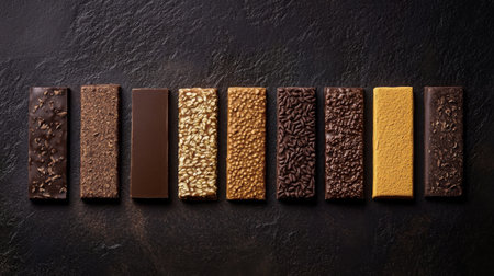 A vibrant assortment of chocolate bars featuring various textures and flavors. Each piece offers a unique taste experience, perfect for dessert lovers.の素材