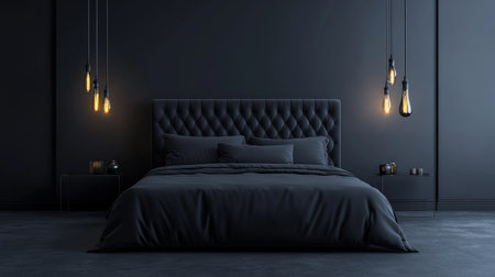 This sleek bedroom features a stylish black theme with a cozy bed, elegant pillows, and unique hanging lights, creating a modern and tranquil ambiance.の素材