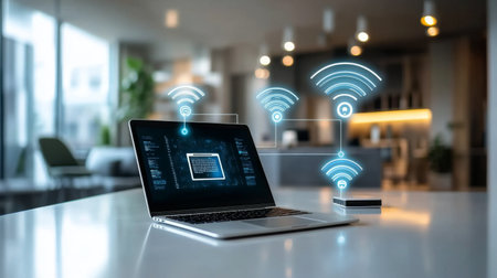 A modern laptop sits on a sleek table, showcasing Wi-Fi signal connections in a stylish interior. This workspace represents innovation and digital productivity.の素材