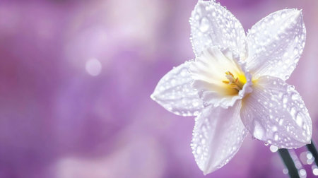 A stunning close-up of a white orchid flower surrounded by soft purple hues, adorned with glistening water droplets, capturing natural beauty and elegance.の素材