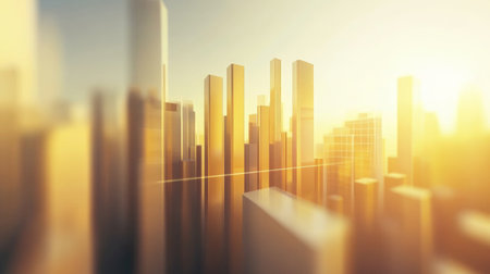 A stunning view of a modern city skyline illuminated by warm golden light at sunrise, creating a tranquil and inspiring atmosphere for urban landscapes.の素材