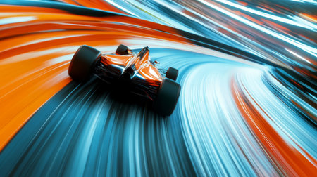 A striking image of a racing car speeding along a vibrant and colorful track, showcasing motion and energy. Perfect for visuals on competition and adrenaline.の素材