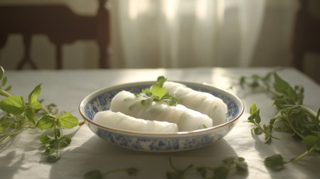 Delightful Vietnamese spring rolls filled with fresh herbs and vegetables, elegantly arranged on a rustic table setting. Perfect for culinary inspiration.の素材