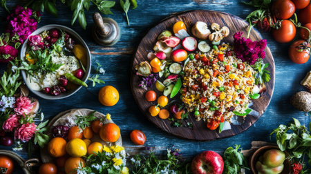 A vibrant flat lay of fresh fruits and vegetables arranged artfully on a wooden table, showcasing seasonal ingredients for healthy cooking and nutrition.の素材