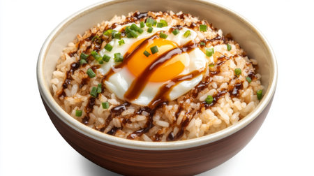 A tantalizing bowl of fluffy rice topped with a perfectly cooked egg, drizzled with savory sauce, and garnished with fresh chives, ideal for any meal.の素材