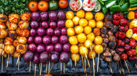 A vibrant display of grilled skewers alongside fresh vegetables showcases a delicious array of flavors, perfect for outdoor gatherings and culinary experiences.の素材