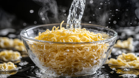 A bowl of steaming noodles being poured with water, creating an inviting and fresh culinary scene. Perfect for food photography enthusiasts.の素材
