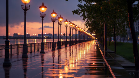A picturesque walkway lined with charming streetlights reflecting beautifully on wet pavement during a tranquil sunset, creating a serene atmosphere.の素材