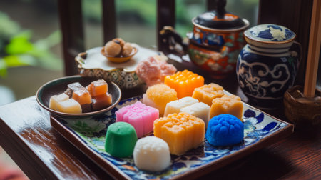A vibrant assortment of traditional Asian desserts elegantly arranged on a decorative plate, showcasing the colorful and artistic presentation of sweet treats.の素材