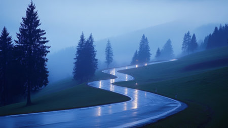 A winding road curves through a misty forest at dusk, featuring a reflective surface. The serene landscape evokes a sense of tranquility and adventure.の素材