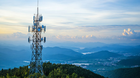 A tall communication tower stands proudly on a mountain top, surrounded by lush greenery and a stunning backdrop of rolling hills and a serene sky during sunset.の素材