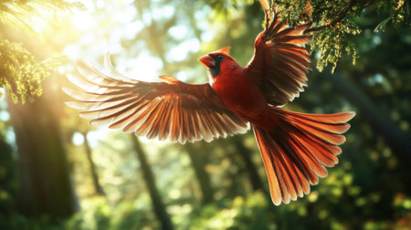 A stunning image of a vibrant cardinal bird in flight, showcasing its bright red plumage against a backdrop of sunlight filtering through a lush green forest.の素材