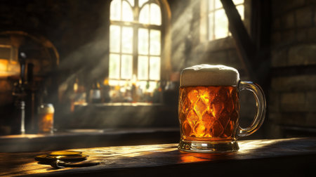 A beautifully lit beer mug filled with amber liquid sits on a wooden table in a rustic pub. Sunlight creates a warm atmosphere, enhancing the cozy feel.の素材