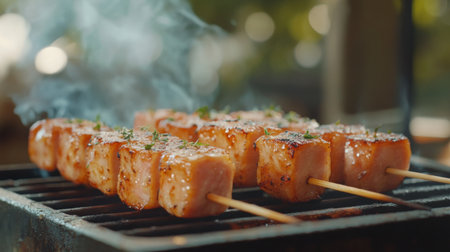 Juicy salmon skewers grilling on an outdoor barbecue, releasing enticing smoke. Perfect for summer gatherings and healthy meals, ideal for food lovers.の素材