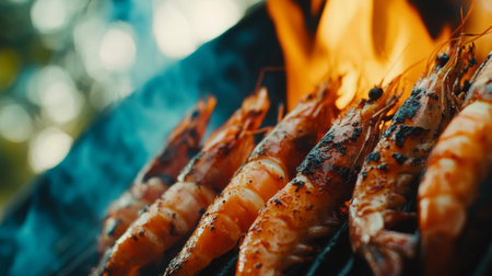 Succulent shrimp grilling over high flames, releasing savory aromas in smoky air. Perfect for summer barbecues, outdoor gatherings, or gourmet dishes.の素材