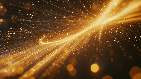Explore a mesmerizing abstract background featuring glowing gold particles and light trails. Ideal for creative projects, designs, and festive themes.の素材