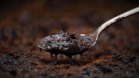 A close-up view of a silver spoon filled with rich dark chocolate spread, resting on a textured chocolate surface. Perfect for culinary inspiration.の素材
