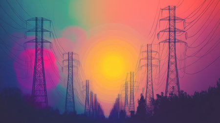 A stunning landscape featuring silhouetted power lines against a colorful sunrise. The vibrant hues of pink, yellow, and blue create an artistic and atmospheric scene.の素材