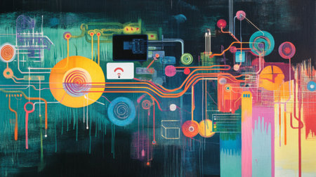 Bright and vibrant abstract digital circuitry artwork featuring a mix of colorful elements and intricate lines, symbolizing modern technology and connectivity.の素材
