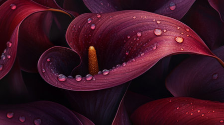 A stunning close-up view of red calla lilies adorned with glistening raindrops. This image captures the beauty and elegance of floral artistry, perfect for nature enthusiasts.の素材