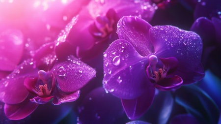 Stunning close-up of purple orchids adorned with glistening water droplets, captured in soft light, providing a serene and vibrant nature aesthetic.の素材