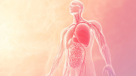 This detailed illustration showcases the human body with emphasis on organs and the circulatory system, offering a visual educational resource for anatomy studies.の素材