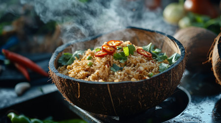 Delight in a vibrant bowl of coconut rice topped with fresh herbs and sliced chili peppers. This aromatic dish captures the essence of rich flavors and tropical ingredients.の素材