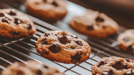 A tempting view of freshly baked chocolate chip cookies cooling on a wire rack. This image captures the warmth and deliciousness of homemade treats, perfect for any baking enthusiast.の素材