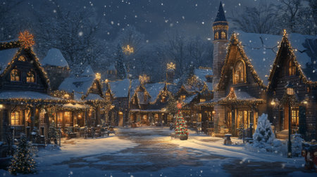 A charming winter village scene at night, showcasing snow-covered houses adorned with festive lights. The atmosphere exudes warmth and holiday spirit.の素材