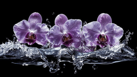 Stunning image of vibrant purple orchids amidst splashes of water on a black background, showcasing the beauty and elegance of nature in a captivating arrangement.の素材
