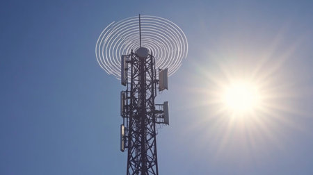 A striking communication tower stands tall against a clear blue sky, radiating signal waves under the brilliance of sunlight, symbolizing modern connectivity.の素材