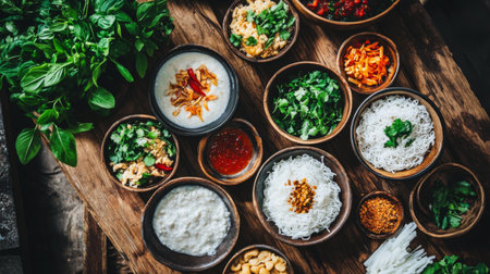 Explore a vibrant collection of fresh ingredients prepared for an Asian-inspired meal, showcasing a variety of herbs, spices, and noodles beautifully arranged.の素材