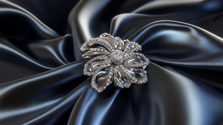 This exquisite silver flower brooch adorned with sparkling diamonds rests gracefully on luxurious silk fabric, capturing elegance and timeless beauty. Perfect for special occasions.の素材