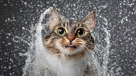 A cheerful cat splashes through water, showcasing its playful spirit and adorable features. The vibrant scene captures the joy and energy of this furry companion.の素材