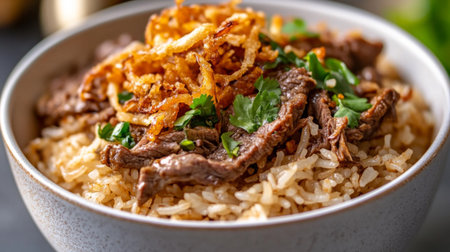Savory beef served over fluffy rice, topped with crispy onions and fresh herbs. Perfect for a cozy meal, this dish combines flavor and warmth in every bite.の素材