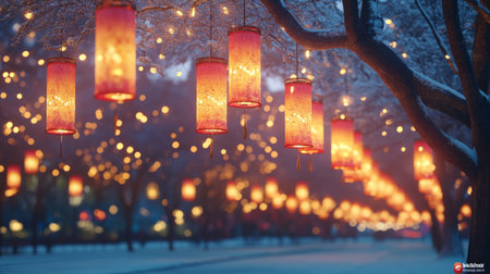 A tranquil winter scene featuring glowing lanterns hanging from trees, illuminating a snowy landscape. The enchanting atmosphere captures the magic of the season.の素材
